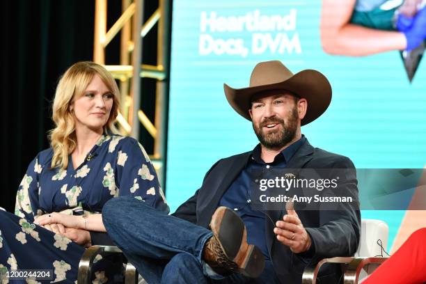 Erin Schroeder and Ben Schroeder of "Critter Fixers: Country Vets" and "Heartland Docs" speak during the National Geographic Panel segment of the...