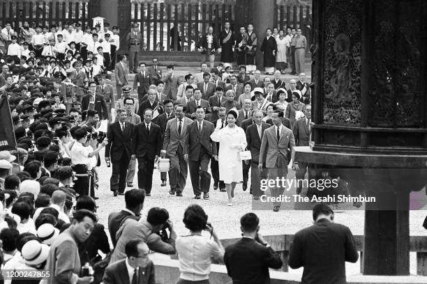 King Bhumibol and Queen Sirikit of Thailand visit Todaiji Temple on May 31, 1963 in Nara, Japan.