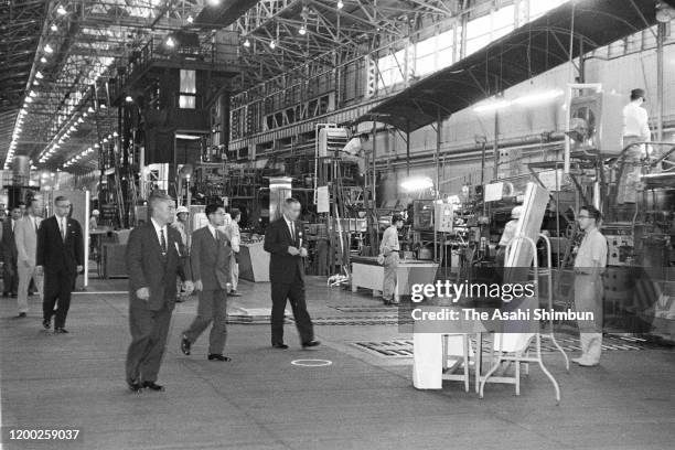 Crown Prince Akihito visits the Toyo Kohan Kudamatsu Factory on September 17, 1963 in Kudamatsu, Yamaguchi, Japan.