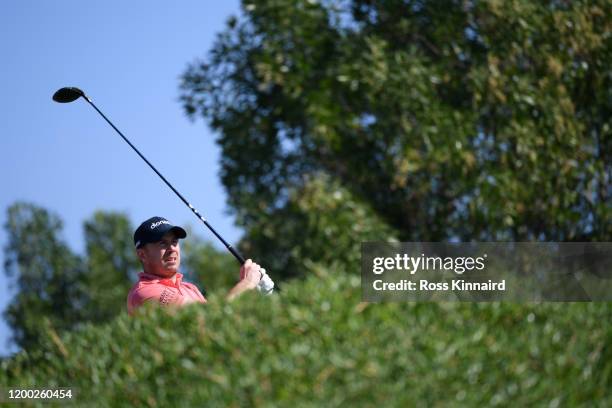 Richie Ramsay of Scotland tees off on the third during Day Three of the Abu Dhabi HSBC Championship at Abu Dhabi Golf Club on January 18, 2020 in Abu...