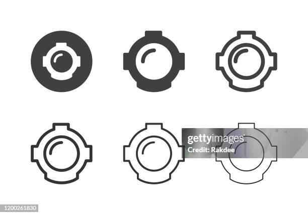 illustrazioni stock, clip art, cartoni animati e icone di tendenza di icone del casco subacqueo - serie multi - muta da sub