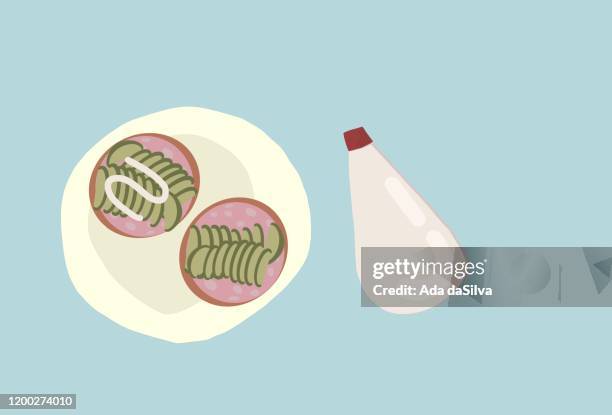 stockillustraties, clipart, cartoons en iconen met avocado toast met mayo en ham. - toasted sandwich