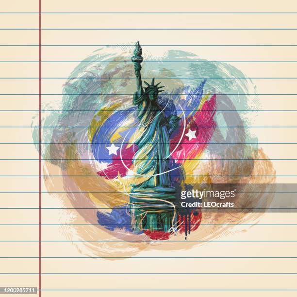 ilustraciones, imágenes clip art, dibujos animados e iconos de stock de dibujo de la estatua de la libertad sobre el papel reglado - statue of liberty drawing