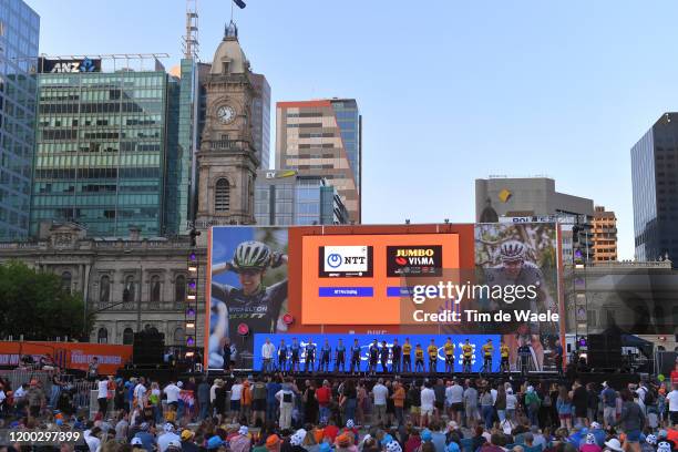 Robbie McEwen of Australia Ex- ProCyclist / Giacomo Nizzolo of Italy and Team NTT Pro Cycling / Ryan Gibbons of South Africa Team NTT Pro Cycling /...