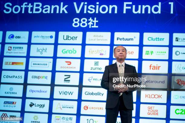 Masayoshi Son, chairman and chief executive officer of SoftBank Group Corp., speaks during a news conference in Tokyo, Japan, on Wednesday, Feb. 12,...