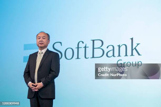 Masayoshi Son, chairman and chief executive officer of SoftBank Group Corp., speaks during a news conference in Tokyo, Japan, on Wednesday, Feb. 12,...