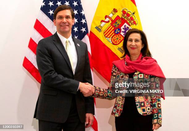 Acting US Secretary for Defense Mark Esper poses with Spanish Defense Minister Margarita Robles prior to a meeting at the NATO headquarters in...