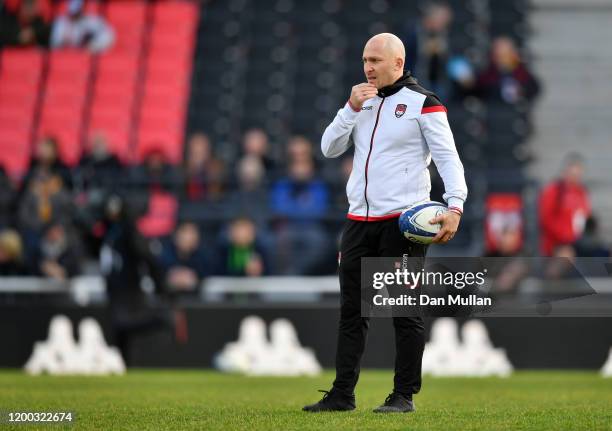 Pierre Mignoni, Head Coach of Lyon looks on prior to the Heineken Champions Cup Round 6 match between Lyon Olympique Universitaire and Northampton...