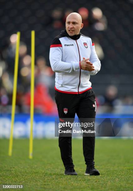 Pierre Mignoni, Head Coach of Lyon looks on prior to the Heineken Champions Cup Round 6 match between Lyon Olympique Universitaire and Northampton...