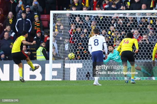 Paulo Gazzaniga of Tottenham Hotspur saves the penalty from Troy Deeney of Watford during the Premier League match between Watford FC and Tottenham...