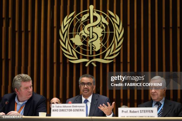 World Health Organization Health Emergencies Programme head Michael Ryan, WHO Director-General Tedros Adhanom Ghebreyesus and WHO Chair of Emergency...