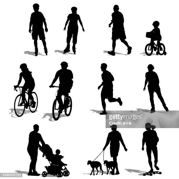 silhouetten von menschen, die trainieren - walking with bike stock-grafiken, -clipart, -cartoons und -symbole