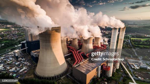 aerial view of a power station - traffic pollution stock pictures, royalty-free photos & images