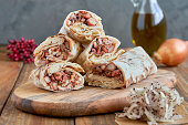 Chicken wrap roll shawerma. Traditional arabic roll with chicken msahhen