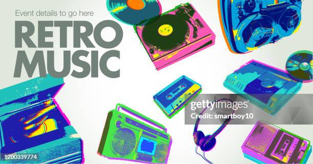 ilustrações de stock, clip art, desenhos animados e ícones de retro music icons - poster - cd pop