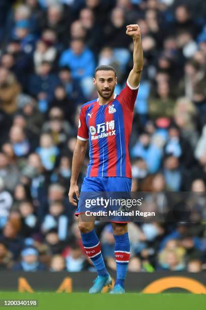 Cenk Tosun of Crystal Palace celebrates after scoring his team's first goal during the Premier League match between Manchester City and Crystal...