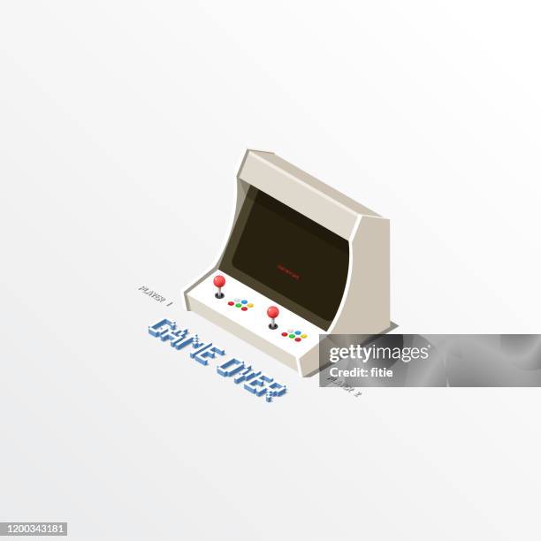 isometric vintage arcade machine with  joystick and buttons - game over short phrase stock illustrations