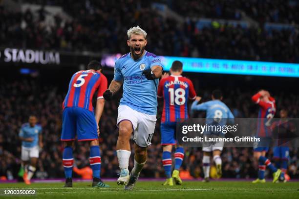 Sergio Aguero of Manchester City celebrates after scoring his team's second goal during the Premier League match between Manchester City and Crystal...