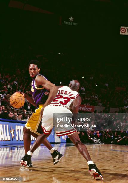 All-Star Game: Los Angeles Lakers Kobe Bryant in action vs Chicago Bulls Michael Jordan during All Star Weekend at Madison Square Garden. New York,...