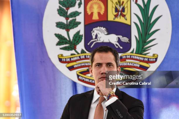 Opposition leader and reelected president of the National Assembly by anti-Maduro lawmakers majority Juan Guaido arrives to a National Assembly...