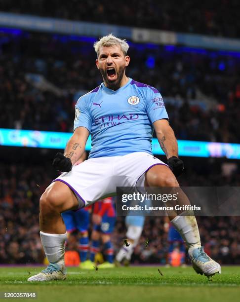 Sergio Aguero of Manchester City celebrates scoring his second goal during the Premier League match between Manchester City and Crystal Palace at...