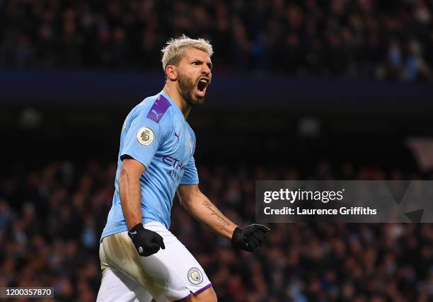 Sergio Aguero of Manchester City celebrates scoring his first goal during the Premier League match between Manchester City and Crystal Palace at...