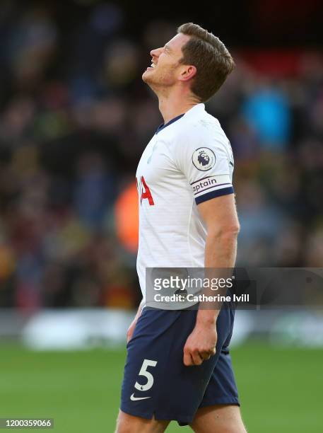 Jan Vertonghen of Tottenham Hotspur reacts during the Premier League match between Watford FC and Tottenham Hotspur at Vicarage Road on January 18,...