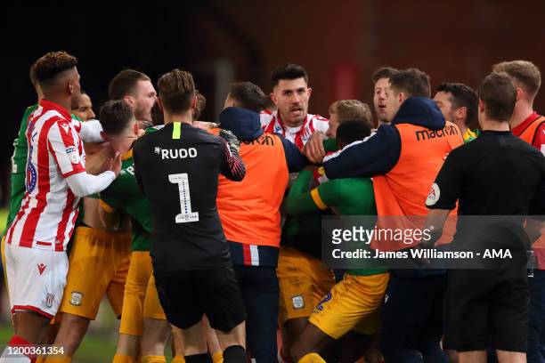 Stoke City and Preston North End players clash during the Sky Bet Championship match between Stoke City and Preston North End at Bet365 Stadium on...