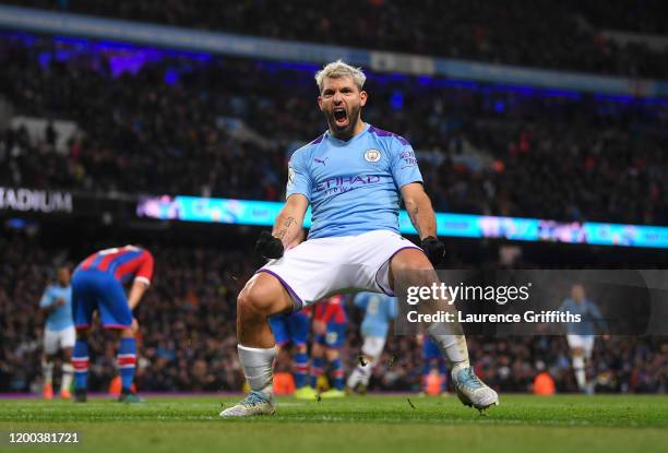 Sergio Aguero of Manchester City celebrates scoring his second goal during the Premier League match between Manchester City and Crystal Palace at...