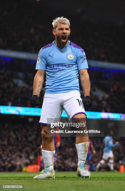 Sergio Aguero of Manchester City celebrates scoring his second goal during the Premier League match between Manchester City and Crystal Palace at...