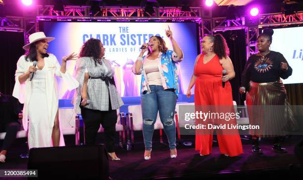 Sheléa Frazier, Christina Bell, Kierra Sheard, Angela Birchettand and Raven Goodwin of "The Clark Sisters: First Ladies of Gospel" perform on stage...