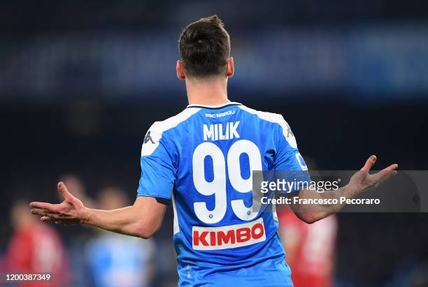 Arkadiusz Milik of SSC Napoli stands disappointed during the Serie A match between SSC Napoli and ACF Fiorentina at Stadio San Paolo on January 18,...