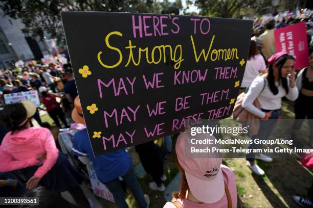 The crowd gathers around the stage in front of City Hall during the 4th Annual Women's March LA in Los Angeles on Saturday, January 18, 2020.