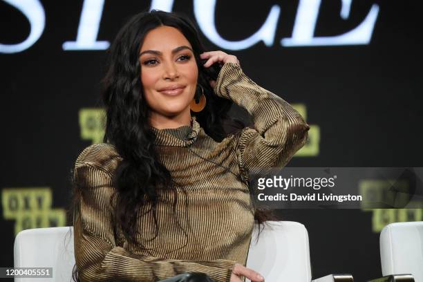 Kim Kardashian West of 'The Justice Project' speaks onstage during the 2020 Winter TCA Tour Day 12 at The Langham Huntington, Pasadena on January 18,...
