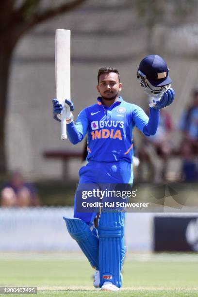 Prithvi Shaw of India A celebrates his century during the One Day International between New Zealand XI and India A at Bert Sutcliffe Oval on January...