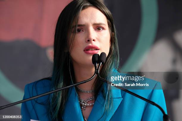 Actress Bella Thorne speaks at the 4th Annual Women's March LA: Women Rising at Pershing Square on January 18, 2020 in Los Angeles, California.