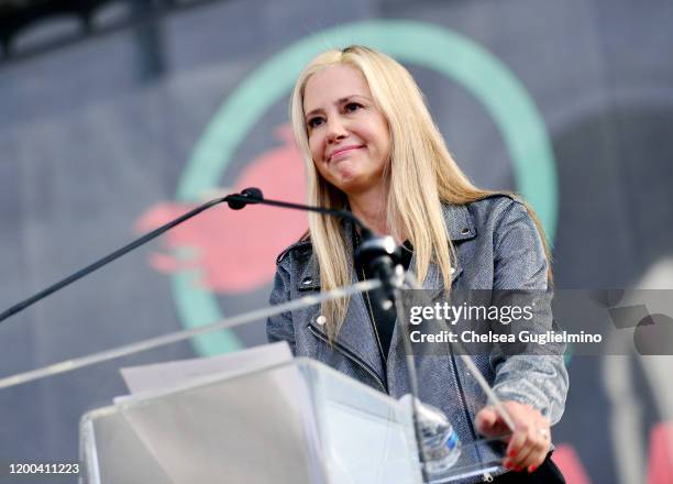 Actress Mira Sorvino speaks at the 4th annual Women's March LA: Women Rising at Pershing Square on January 18, 2020 in Los Angeles, California.