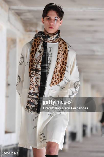 Model walks the runway during the Takahiromiyashita Thesoloist Menswear Fall/Winter 2020-2021 show as part of Paris Fashion Week on January 18, 2020...