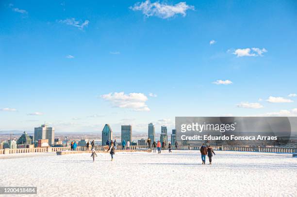 people enjoying a sunny winter day at the top of mont-royal public park covered in snow with downtown montréal on the background - montréal photos et images de collection