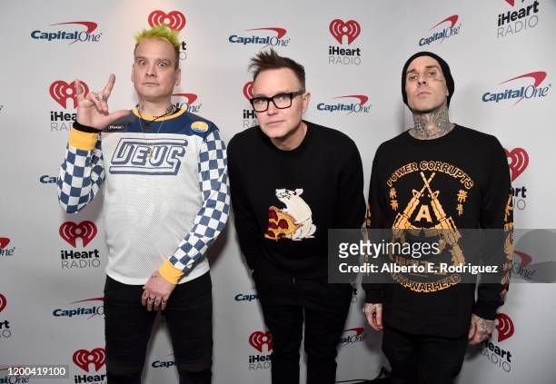 Matt Skiba, Mark Hoppus and Travis Barker of blink-182 attend the 2020 iHeartRadio ALTer EGO at The Forum on January 18, 2020 in Inglewood,...