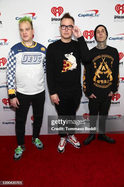 Matt Skiba, Mark Hoppus and Travis Barker of Blink 182 attends the iHeartRadio ALTer EGO Presented by Capital One at The Forum on January 18, 2020 in...