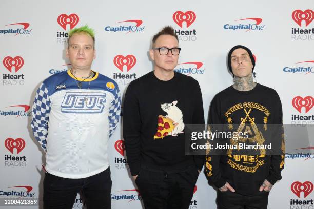 Matt Skiba, Mark Hoppus and Travis Barker of blink-182 attend the 2020 iHeartRadio ALTer EGO at The Forum on January 18, 2020 in Inglewood,...
