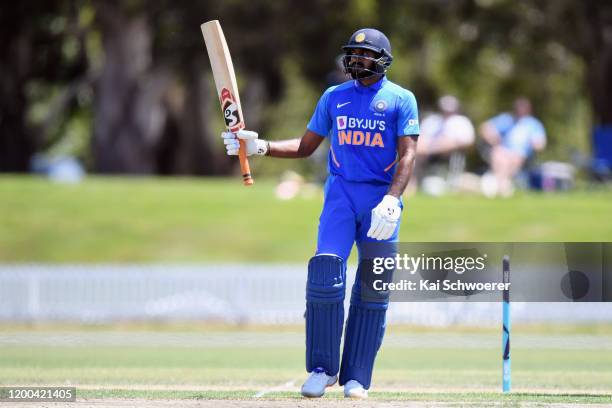 Vijay Shankar of India A celebrates his half century during the One Day International between New Zealand XI and India A at Bert Sutcliffe Oval on...