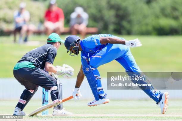 Vijay Shankar of India A dives to save his wicket during the One Day International between New Zealand XI and India A at Bert Sutcliffe Oval on...