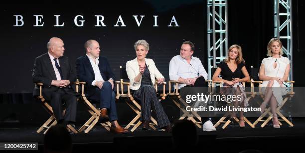 Julian Fellowes, Gareth Neame, Tamsin Greig, Philip Glenister, Ella Purnell and Alice Eve of "Belgravia" speak on stage during the EPIX segment of...