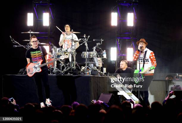 Mark Hoppus, Travis Barker, and Matt Skiba of Blink-182 perform onstage at the 2020 iHeartRadio ALTer EGO at The Forum on January 18, 2020 in...