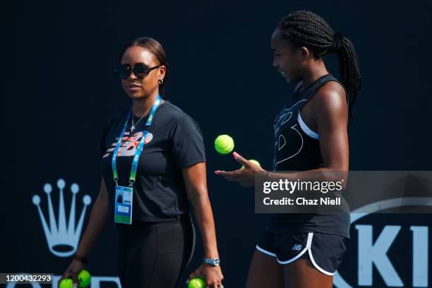 Coco Gauff of the United States and her mom Candi Gauff during practice ahead of the 2020 Australian Open at Melbourne Park on January 19, 2020 in...