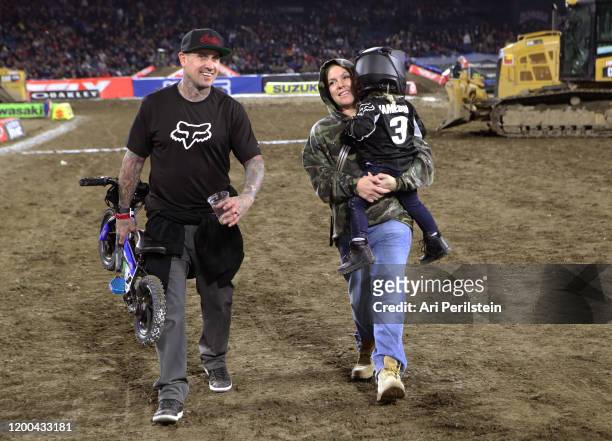 Carey Hart, P!nk and Jameson Moon Hart attend the Monster Energy Supercross VIP Event at Angel Stadium on January 18, 2020 in Anaheim, California.