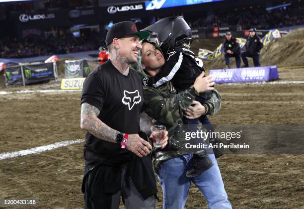 Carey Hart, P!nk and Jameson Moon Hart attend the Monster Energy Supercross VIP Event at Angel Stadium on January 18, 2020 in Anaheim, California.