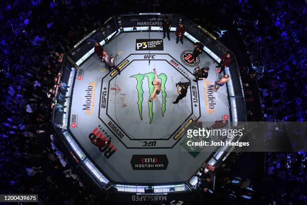 An overhead view of the octagon during the UFC 246 event at T-Mobile Arena on January 18, 2020 in Las Vegas, Nevada.